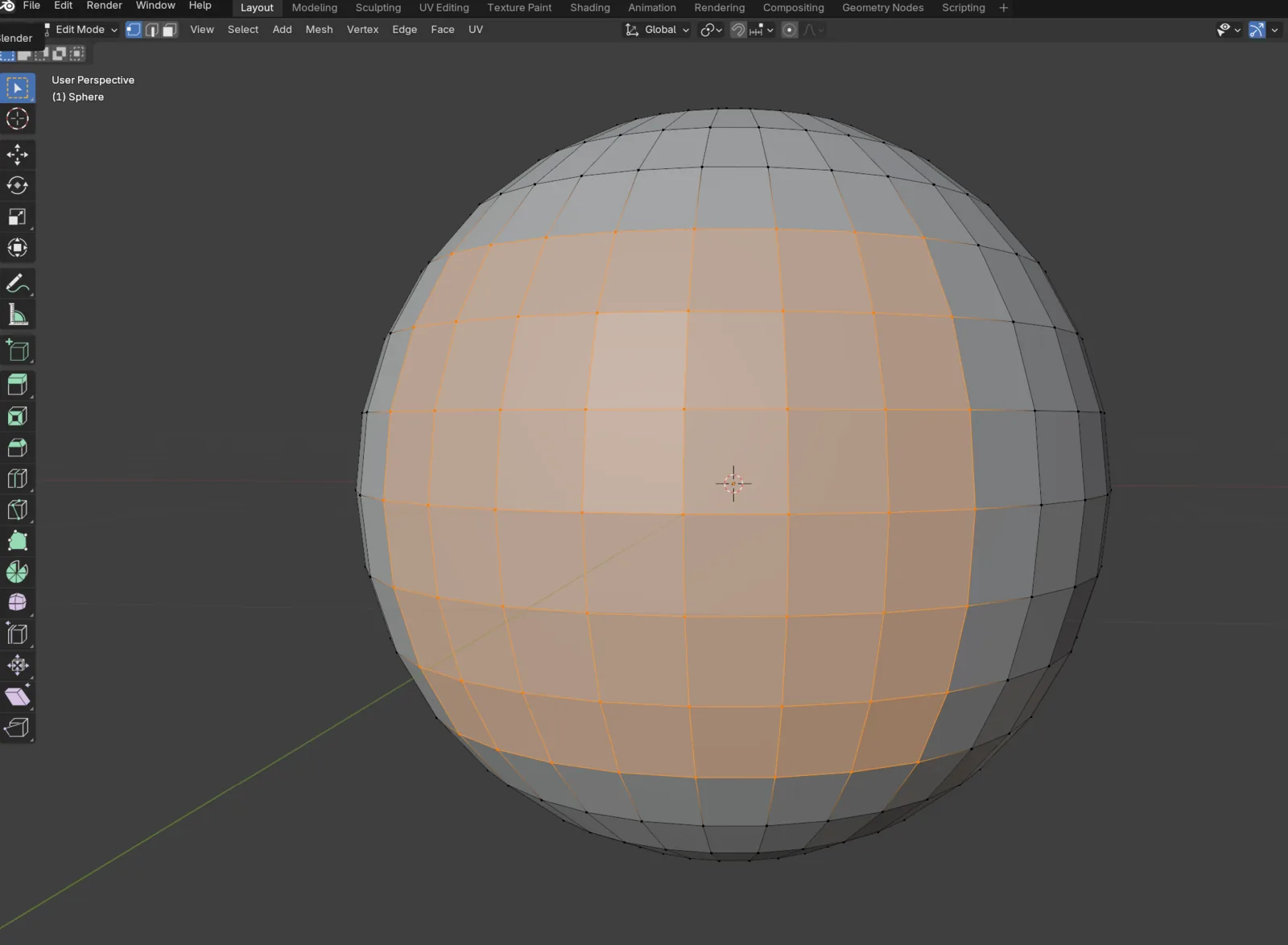 Blender edit mode: a UV sphere with a curved band of faces selected, the slice used as the eyeball-shaped render surface