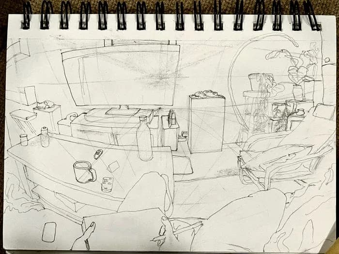 Loose pencil perspective sketch of a living room seen from the couch: TV, coffee table with a mug, a chair and plants, with construction lines still visible