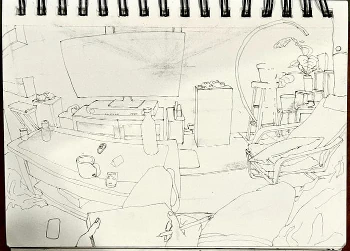 The same living room sketch cleaned up: construction lines erased, leaving clean pencil outlines of the TV, coffee table, chair and plants