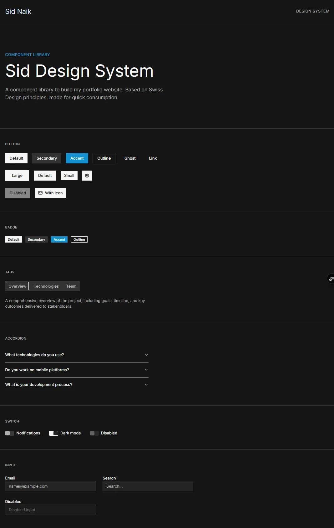 Dark-mode “Sid Design System” component library page showing button, badge, tabs, accordion, switch and input components
